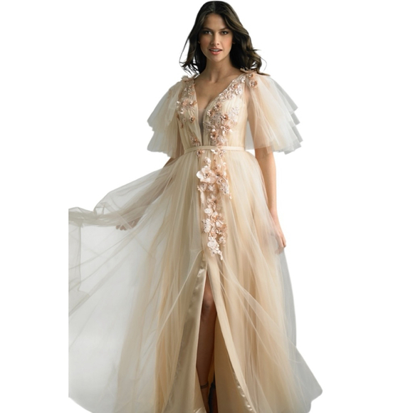 Basix Black Label Flutter Sleeve 3D Floral Peach Tulle Gown Size 12 - Picture 2 of 15